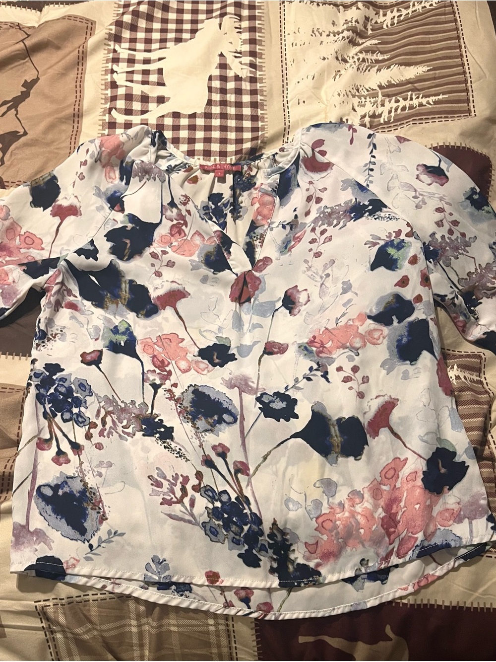 Floral Watercolor V-Neck Blouse - White with Navy & Pink